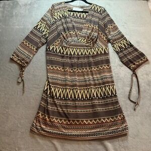 T-Bags Los Angeles Tribal Geometric V-Neck Mini Dress Brown Olive 3/4 Sleeve L